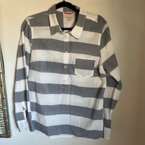 🧡3/15 Merona Gray White Stripe Long Sleeve Cotton Shirt Women's XXL/TTG